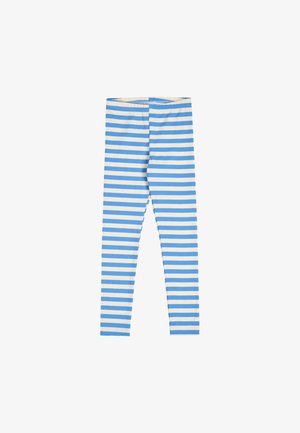 Collants bleus et blancs à rayures horizontales avec une ceinture élastique, présentés à plat sur fond blanc.