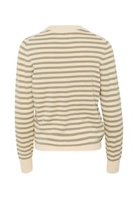 Pull à manches longues rayé horizontalement beige et marron clair avec poignets et ourlet côtelés, vu de dos.