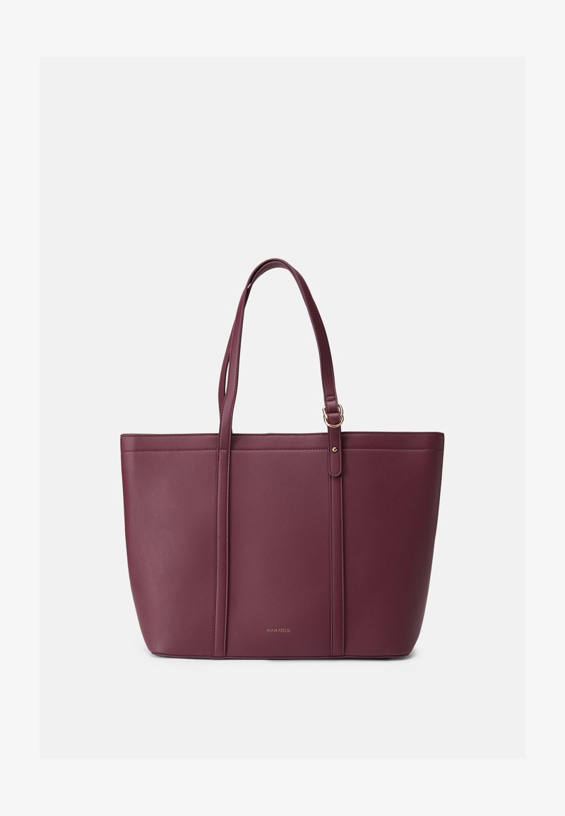Borsa tote marrone scuro realizzata in pelle sintetica, con due manici lunghi, una forma rettangolare strutturata e leggere finiture in oro.