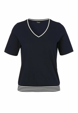 Marineblaues Kurzarmhemd mit weißem Besatz am V-Ausschnitt und schwarz-weiß gestreiftem Saum.