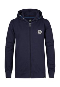 Sudadera con cremallera de color azul marino, hecha de una mezcla de algodón, con un bolsillo frontal, capucha con cordón y un logo circular en el pecho.