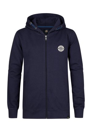 Navyblaues Zip-Up Hoodie aus Baumwollmischgewebe, mit einer Vordertasche, Kordelzugkapuze und einem runden Logo auf der Brust.