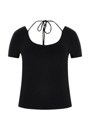 Zwart topje met korte mouwen, een vierkante halslijn en dunne bandjes die achter in de nek in een strik zijn gebonden.