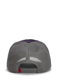 Gray mesh cap with a purple top, adjustable snap closure, and red label accent. Features a structured crown and breathable design.