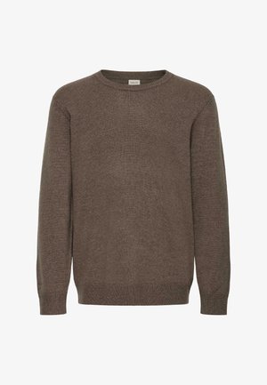 Suéter marrón de punto con cuello redondo, mangas largas, puños y dobladillo acanalados. Textura suave, diseño minimalista, sin patrones ni acentos visibles.