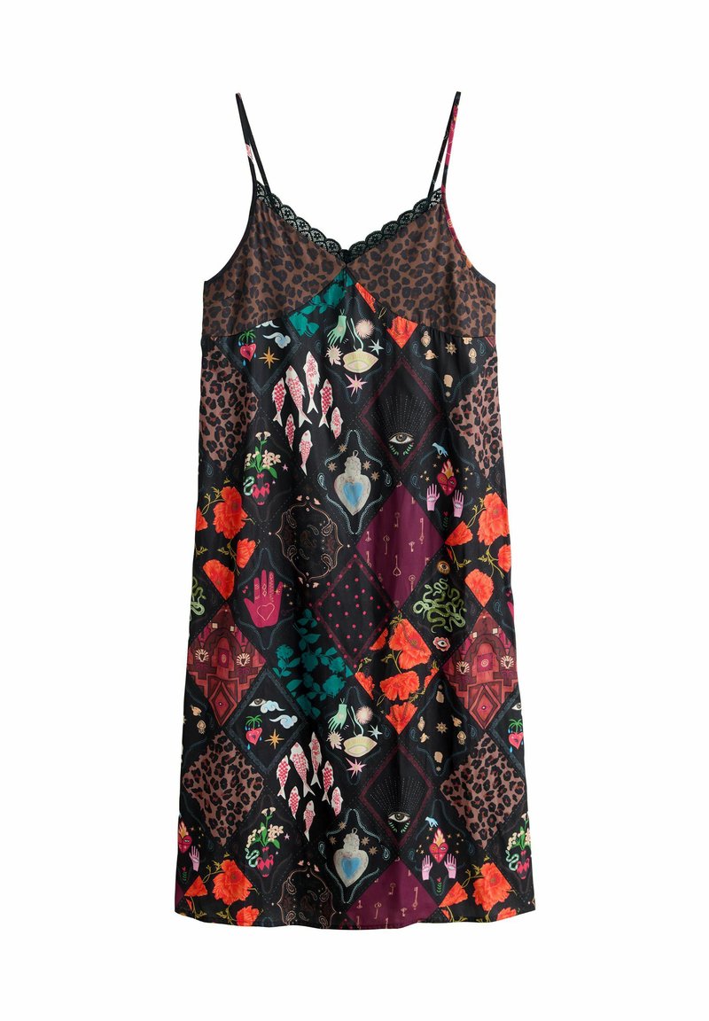 Vestito a camicia con motivo floreale, caratterizzato da stampa leopardata e forme a diamante in colori ricchi. Rifinito con pizzo e spalline sottili regolabili.