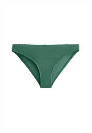 Green textured bikini bottom featuring a smooth inner lining, low-rise cut, and seamless edges for a comfortable fit.