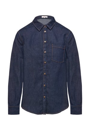 Dunkelblaue Jeanshemd mit langen Ärmeln, Knopfverschluss, spitzem Kragen, einer Brusttasche, kontrastierenden Nähten und abgerundetem Saum.
