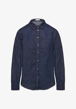 Donkerdenim overhemden met lange mouwen, knoopsluiting, puntige kraag, enkele borstzak, contrasterende stiksels en een gebogen zoom.