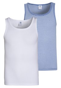 To tanktopper: en i ensfarget hvit og en i blå og hvite striper. Laget av mykt, elastisk stoff, med runde halslinninger og tynne stropper.