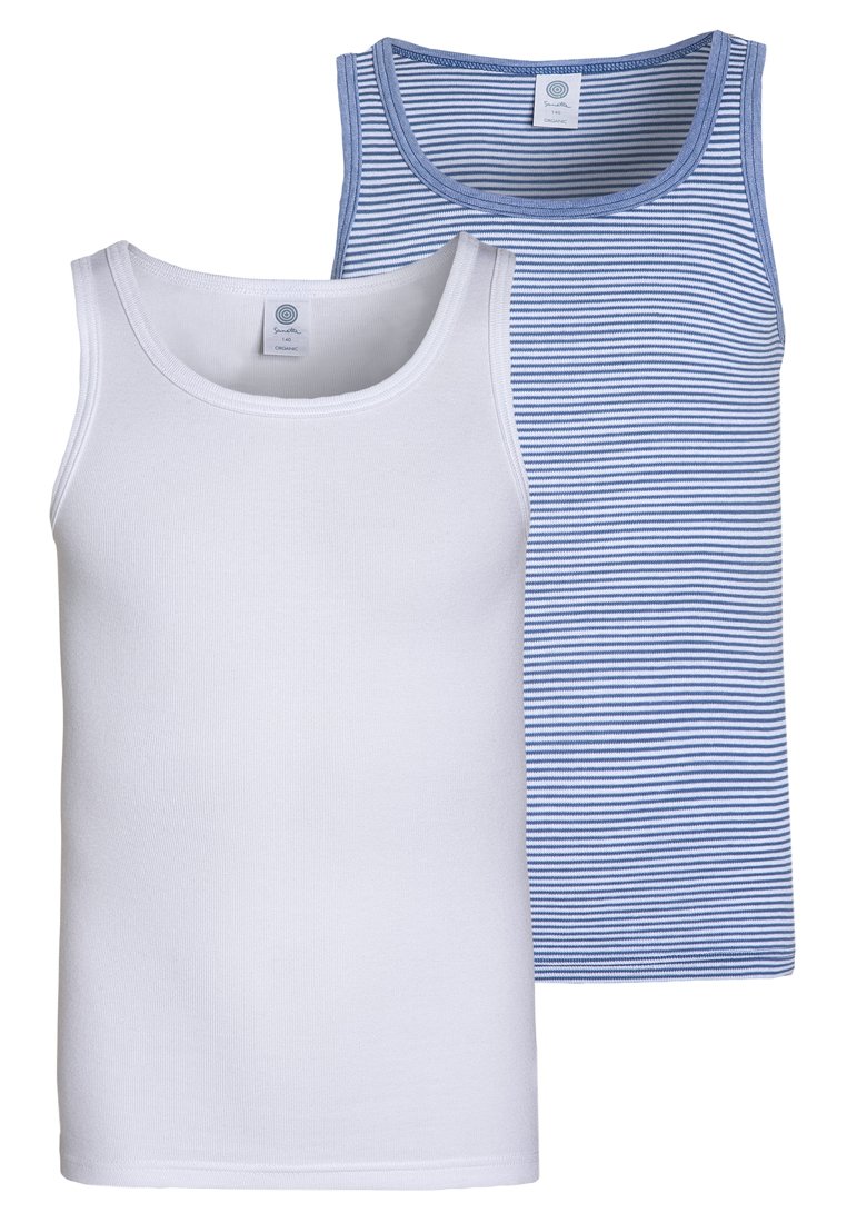 To tanktopper: en i ensfarget hvit og en i blå og hvite striper. Laget av mykt, elastisk stoff, med runde halslinninger og tynne stropper.