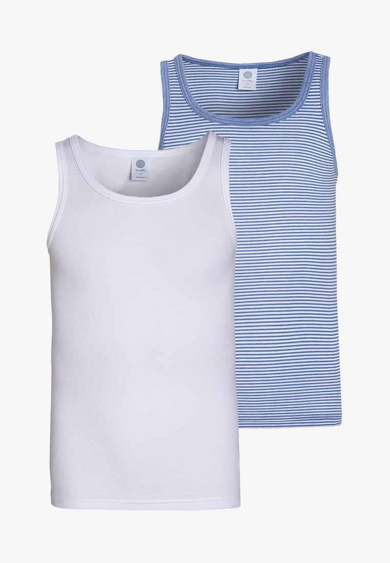Two tank tops: one in solid white and one in blue and white stripes. Made of soft, stretchy fabric, featuring round necklines and thin straps.