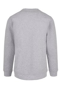 Gray sweatshirt, soft fabric, crew neck, long sleeves, ribbed cuffs and hem, simple design, no patterns or graphics. Back view shown.