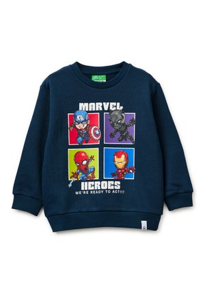 Felpa blu navy con supereroi Marvel in stile chibi: Captain America, Black Panther, Spider-Man e Iron Man in quadrati colorati, scritta "Marvel Heroes".