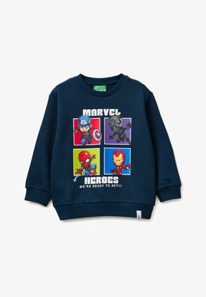 Felpa blu navy con supereroi Marvel in stile chibi: Captain America, Black Panther, Spider-Man e Iron Man in quadrati colorati, scritta "Marvel Heroes".