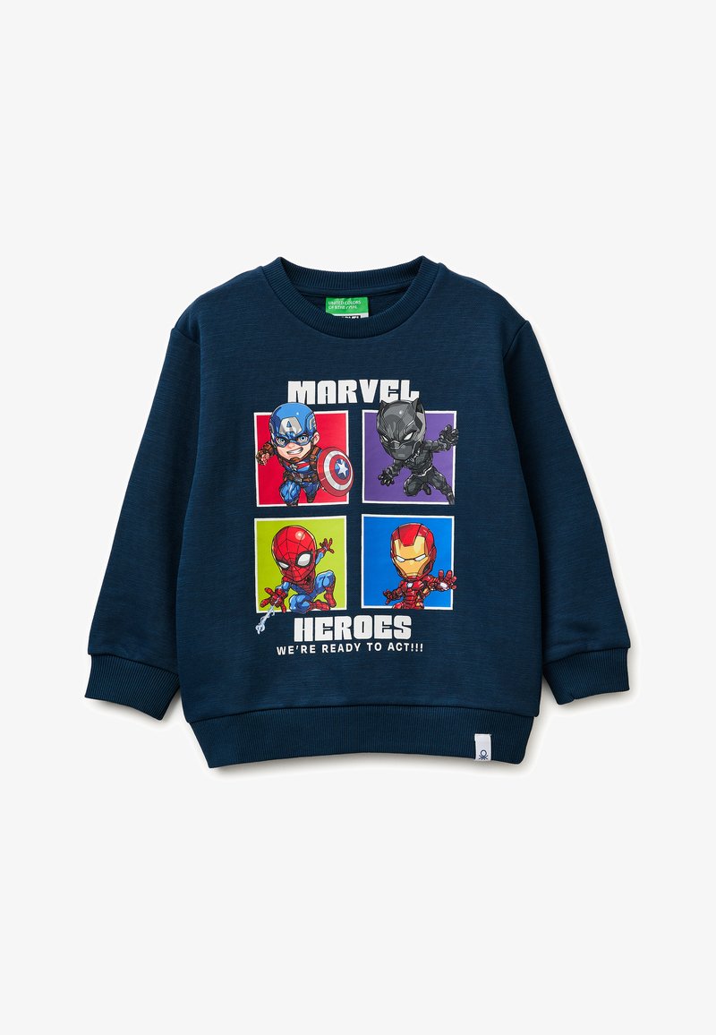 Sweat bleu marine avec les super-héros Marvel en style chibi : Captain America, Black Panther, Spider-Man et Iron Man dans des carrés colorés, texte « Marvel Heroes ».