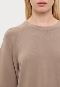 Bežová mikina z bavlneného zmesi s okrúhlym výstrihom, textúrovaným povrchom a raglánovými rukávmi, s jemnými vyšívanými detailmi.