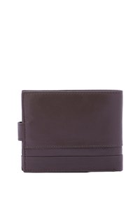 Portafoglio in pelle marrone con una superficie liscia, forma rettangolare e dettagli di cucitura. Presenta una linguetta laterale per una chiusura sicura.