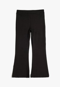 Leggings évasés noirs en tissu tricoté doux, présentant une taille lisse et une ouverture de jambe large, conçus pour le confort et la flexibilité.