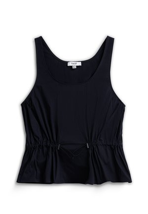 Zwart mouwloos topje met een ronde hals, een geplooide taille en bindkoorddetails. Gladde stof met een lichte glans.