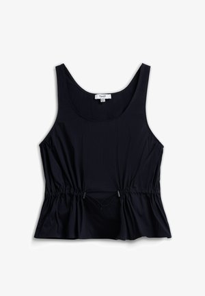 Haut noir sans manches avec un col rond, une taille froncée et un cordon de serrage. Tissu lisse avec une légère brillance.