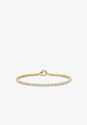 Goldene Armkette mit flexiblem Kettendesign, verziert mit einer Reihe von funkelnden klaren Kristallen und einem sicheren Verschluss mit runder Endung.