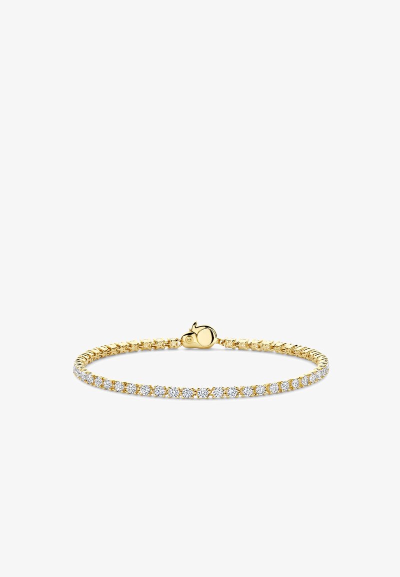 Goldene Armkette mit flexiblem Kettendesign, verziert mit einer Reihe von funkelnden klaren Kristallen und einem sicheren Verschluss mit runder Endung.