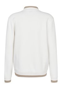 White sweatshirt with a ribbed collar featuring brown and white stripes. Cuffs and hem also have matching striped accents; smooth texture.
