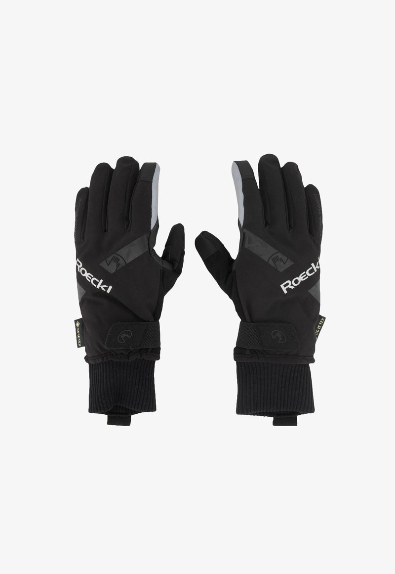 Gants noirs en matériau synthétique avec une finition texturée. Comprend un poignet côtelé et des accents réfléchissants. Marque visible au dos.