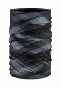 Black and gray patterned neck gaiter, cylindrical shape, made of stretchy fabric with a smooth texture and subtle abstract design.