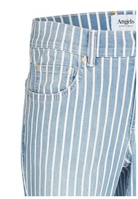 Svetle modré džíny s vertikálními bílými pruhy, s kovovými nýtky na kapsách, poutky na pásek a etiketou s nápisem "Angels Authentic Denim."