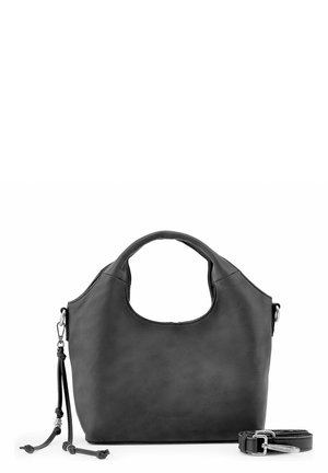 Schwarze Lederhandtasche mit abgerundeten Griffen, dekorativen Quasten an der Seite und einem abnehmbaren, verstellbaren Schulterriemen, der daneben liegt.