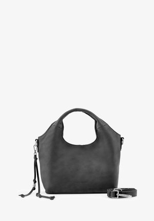 Schwarze Lederhandtasche mit abgerundeten Griffen, dekorativen Quasten an der Seite und einem abnehmbaren, verstellbaren Schulterriemen, der daneben liegt.