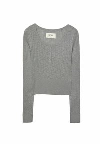 Gray, ribbed knit long-sleeve top with a scoop neckline and four button placket. Cropped design with fitted sleeves.