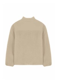 Pullover beige con collo alto, caratterizzato da un corpo in morbido pile testurizzato e una spalla in tessuto liscio sulla parte superiore della schiena.