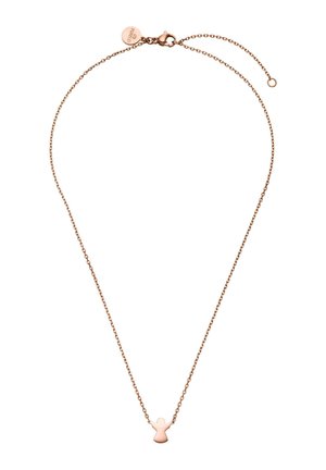 Delicate rose gold chain necklace with small angel-shaped pendant and adjustable clasp on white background.