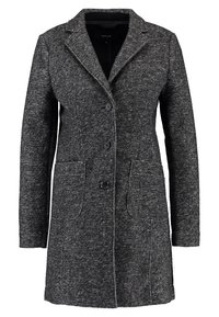 Cappotto grigio texturizzato con colletto a punta, cinque bottoni, due tasche frontali e vestibilità su misura.