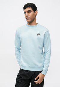 Felpa azzurro chiaro realizzata in tessuto morbido, con scollo rotondo e un piccolo logo grafico nero sul petto. Maniche lunghe con polsini a costine.