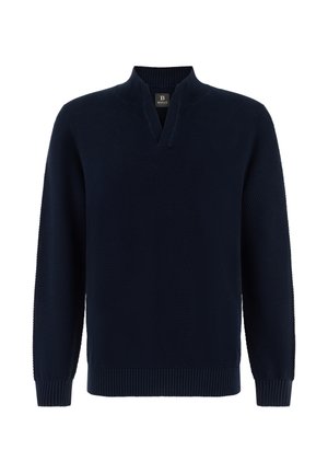 Pull en maille texturée bleu marine avec col en V haut côtelé, poignets et ourlet côtelés, manches longues, et une petite étiquette de marque à l'intérieur du col.