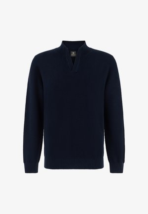 Navy blue textured knit sweater with ribbed high V-neck collar, cuffs, and hem, long sleeves, and a small brand label inside collar.