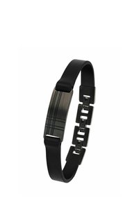 Pulsera de cuero negro que presenta un elegante elemento metálico central con patrones lineales y acentos en tono plateado, asegurada con un cierre moderno.