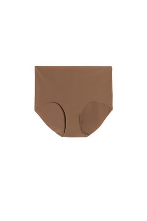 Ropa interior marrón de cintura alta sin costuras y con cobertura completa en la espalda, diseñada para comodidad y un ajuste suave.