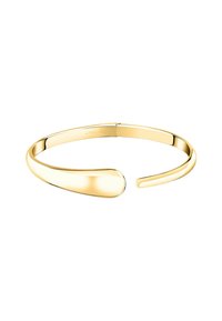 Bracciale cuff in metallo color oro con superficie liscia e lucida. Presenta un design sottile e aperto con estremità arrotondate per una facile indossabilità.