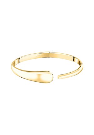 Bracciale cuff in metallo color oro con superficie liscia e lucida. Presenta un design sottile e aperto con estremità arrotondate per una facile indossabilità.