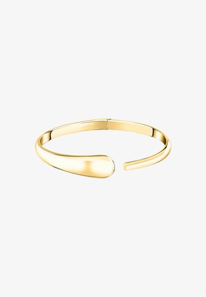 Bracciale cuff in metallo color oro con superficie liscia e lucida. Presenta un design sottile e aperto con estremità arrotondate per una facile indossabilità.