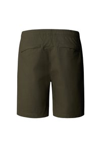 Olive green swim shorts featuring an elastic waistband, two back pockets, and a smooth texture without visible patterns.