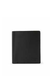 Billetera de cuero negro con un diseño minimalista, con una textura suave y un sutil logotipo en relieve. Forma rectangular compacta.