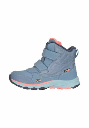 Blue and pink waterproof children's winter boot with two velcro straps and a small Norwegian flag on the side.