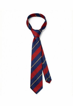 Pent knyttet slips med diagonale striper i marineblått, rødt og tynne gullinjer på hvit bakgrunn.