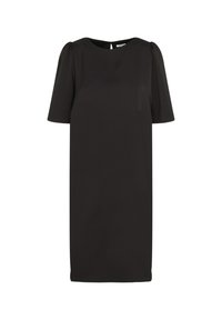 Schwarzes kurzes Kleid mit kurzen Ärmeln aus glattem Stoff, ausgestattet mit einem runden Ausschnitt und leichten Puffdetails an den Ärmeln, sowie einem verdecktenverschluss auf der Rückseite.